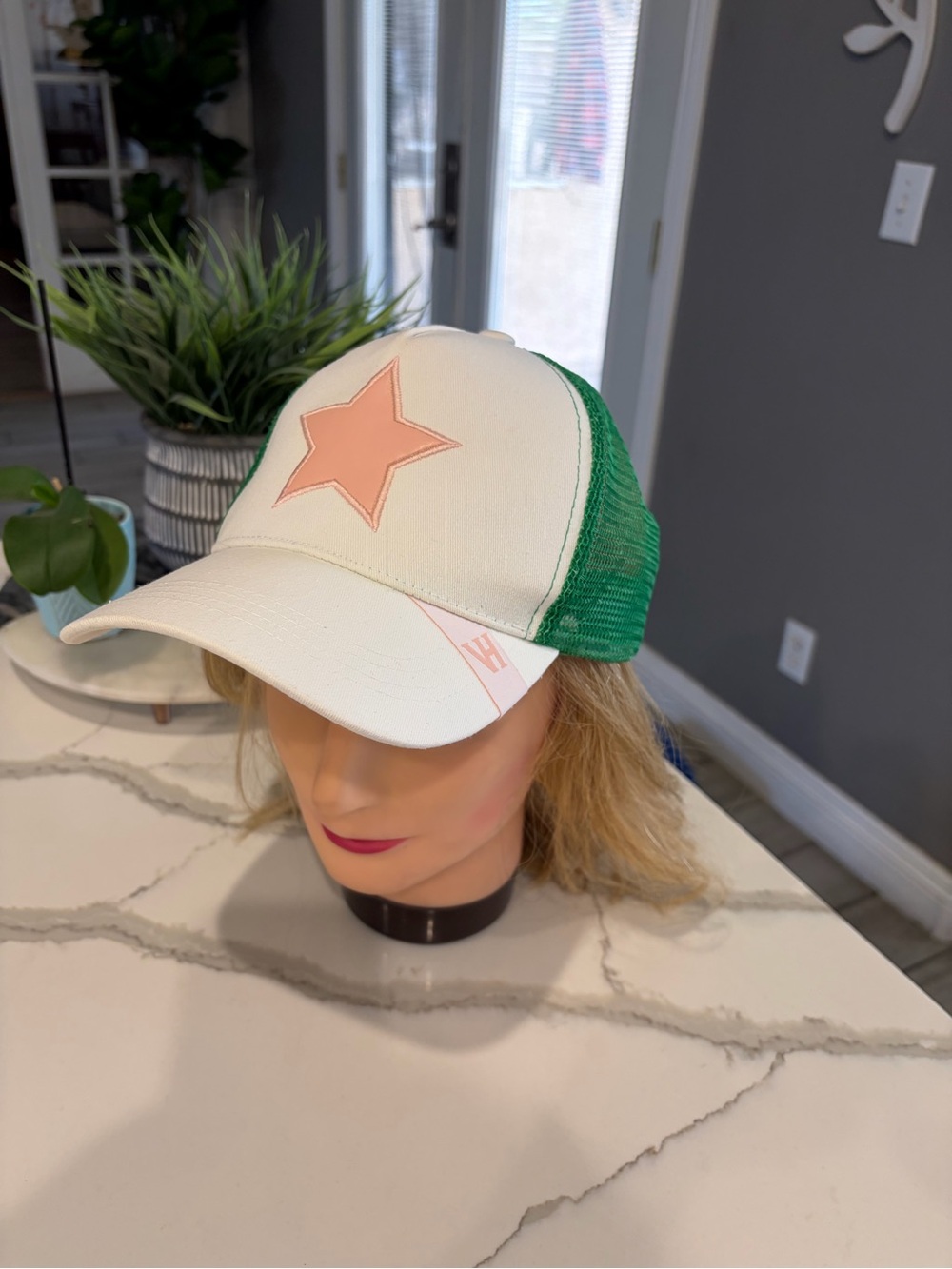 Vintage Havana White & Green Trucker Hat with Pink Star OS